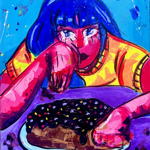 Acrylic painting of a girl eating birthday cake.